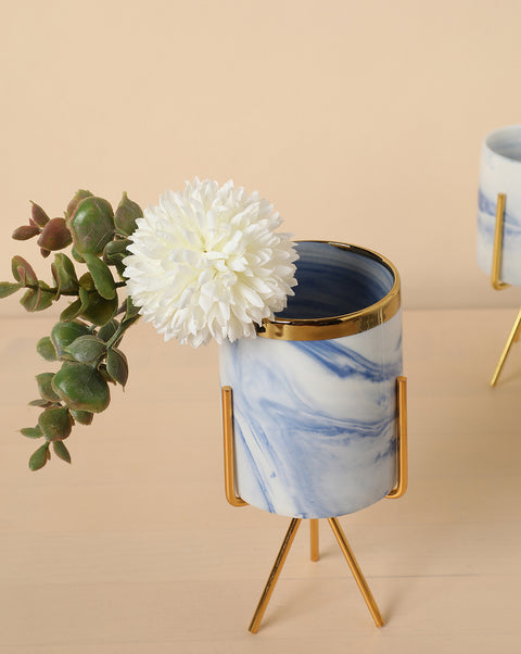 White & Blue Marble Ceramic Planter With Gold Three-Legged Stand