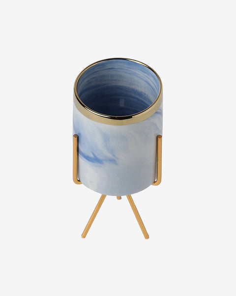 White & Blue Marble Ceramic Planter With Gold Three-Legged Stand