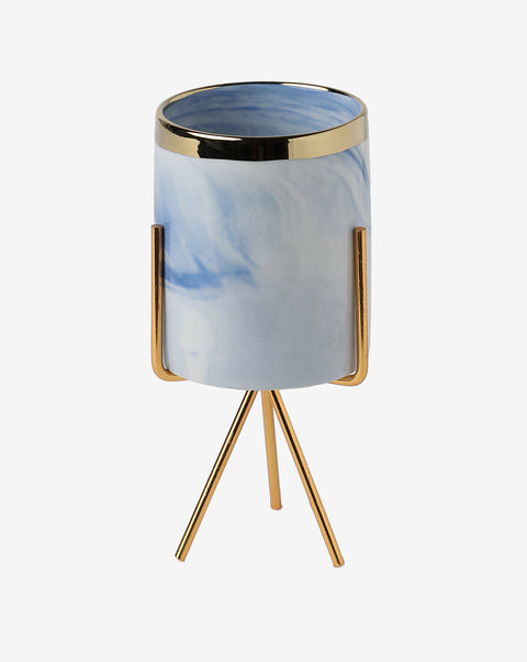 White & Blue Marble Ceramic Planter With Gold Three-Legged Stand