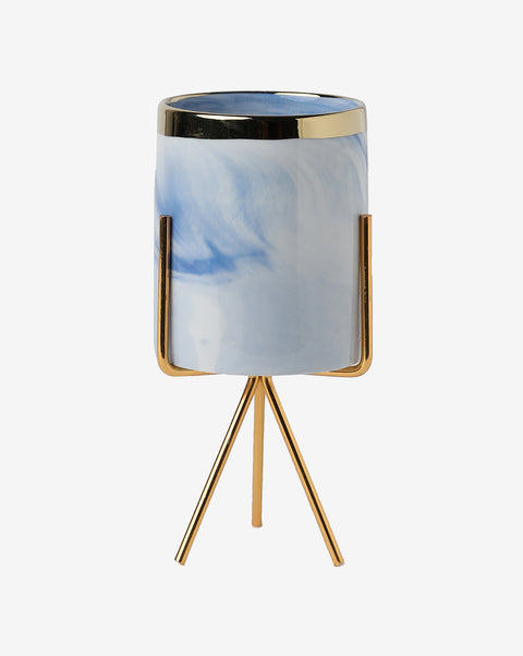 White & Blue Marble Ceramic Planter With Gold Three-Legged Stand