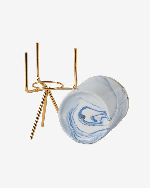 White & Blue Marble Ceramic Planter With Gold Three-Legged Stand