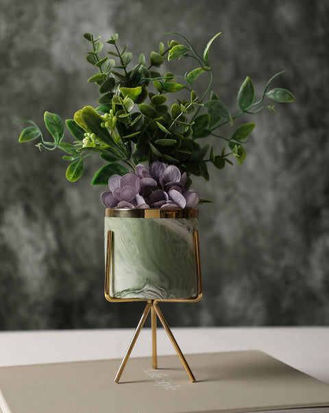 White & Green Marble Ceramic Planter With Gold Three-Legged Stand