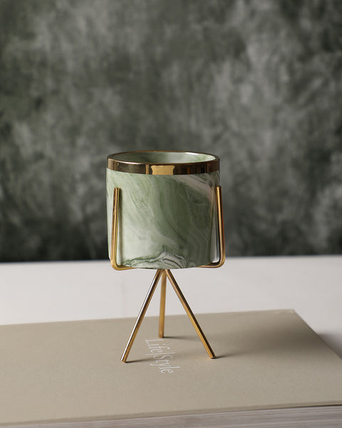White & Green Marble Ceramic Planter With Gold Three-Legged Stand