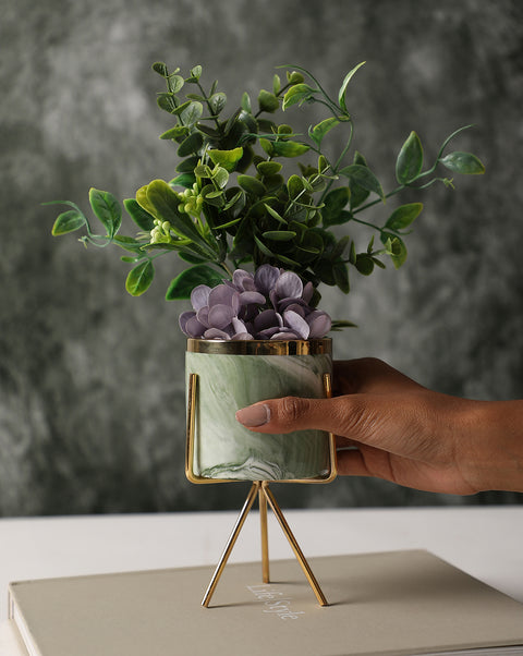 White & Green Marble Ceramic Planter With Gold Three-Legged Stand