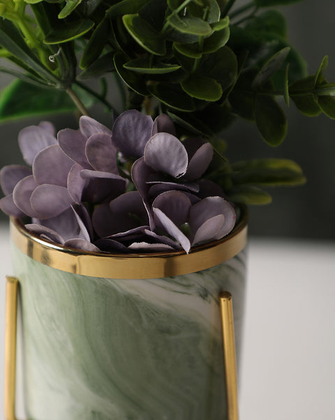 White & Green Marble Ceramic Planter With Gold Three-Legged Stand