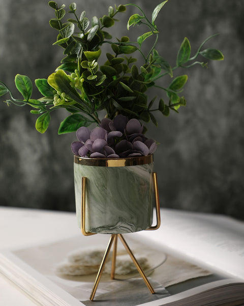 White & Green Marble Ceramic Planter With Gold Three-Legged Stand