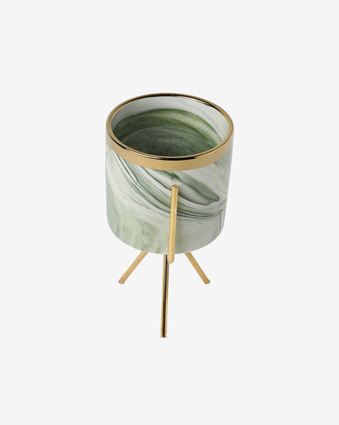 White & Green Marble Ceramic Planter With Gold Three-Legged Stand