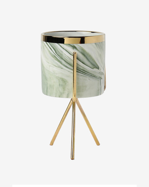 White & Green Marble Ceramic Planter With Gold Three-Legged Stand