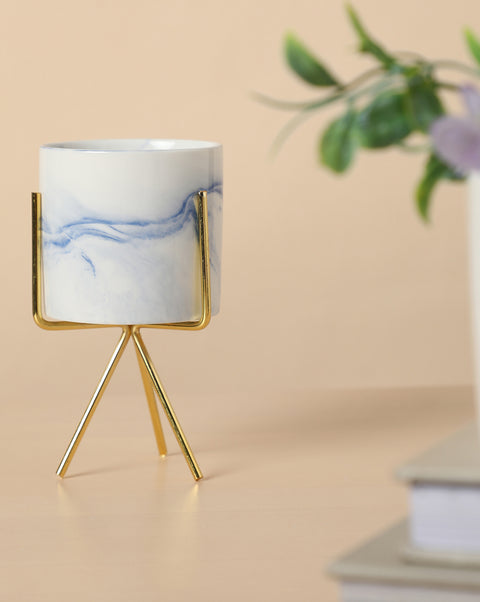 White & Blue Marble Ceramic Planter With Gold Three-Legged Stand