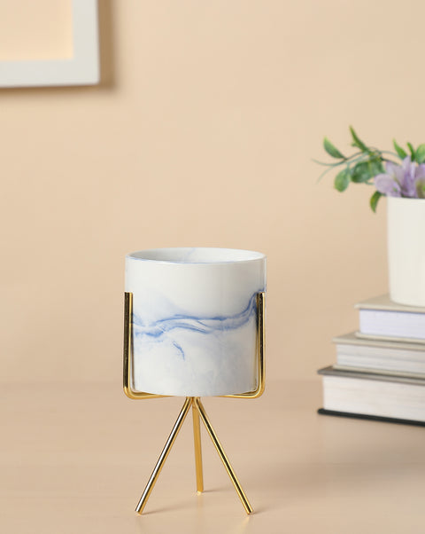 White & Blue Marble Ceramic Planter With Gold Three-Legged Stand