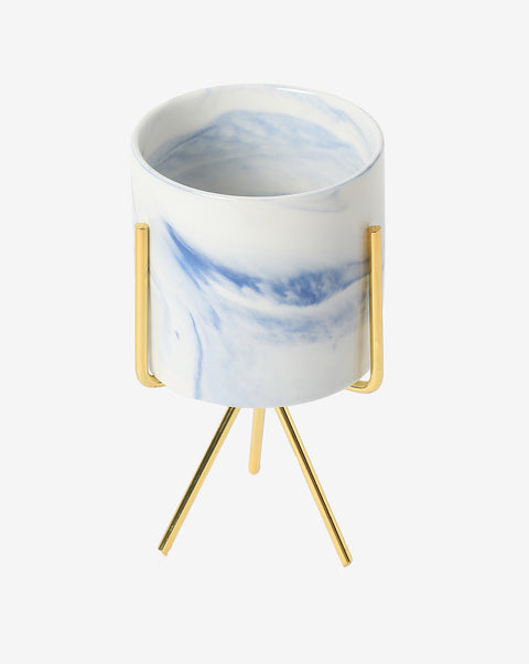 White & Blue Marble Ceramic Planter With Gold Three-Legged Stand