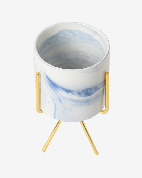 White & Blue Marble Ceramic Planter With Gold Three-Legged Stand