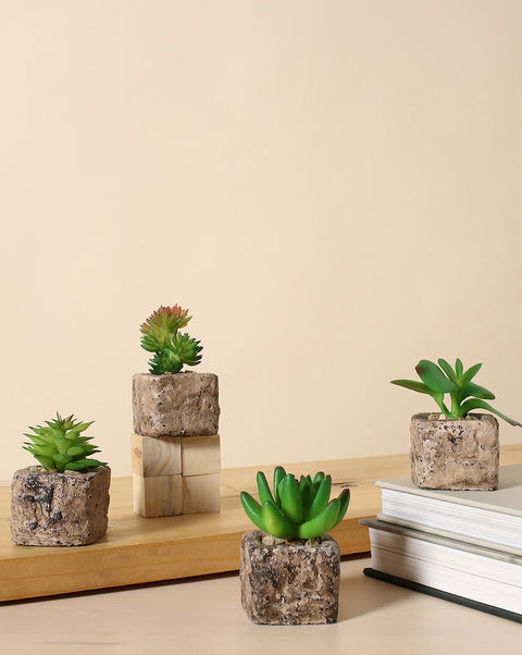 Faux Succulents In Rustic Ceramic Pots | Set Of 4