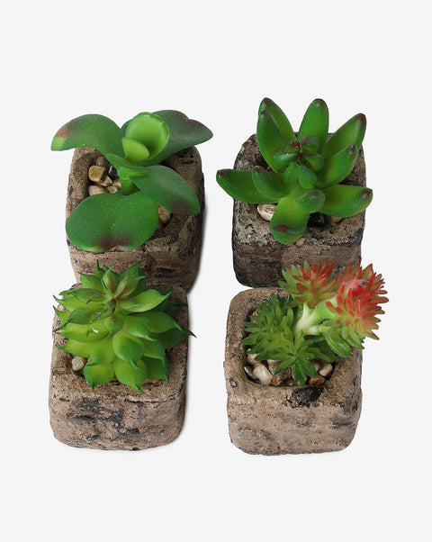 Faux Succulents In Rustic Ceramic Pots | Set Of 4