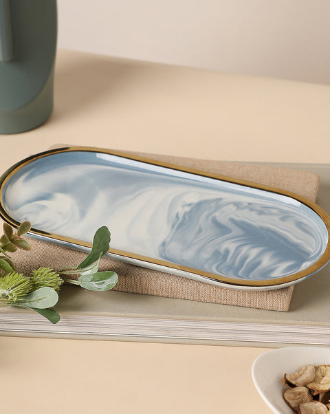 White and Blue Marble Oval-Rectangle Shaped Ceramic Tray