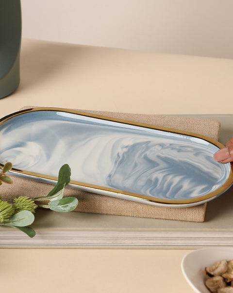 White and Blue Marble Oval-Rectangle Shaped Ceramic Tray