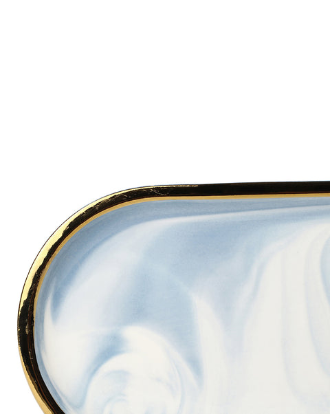 White and Blue Marble Oval-Rectangle Shaped Ceramic Tray