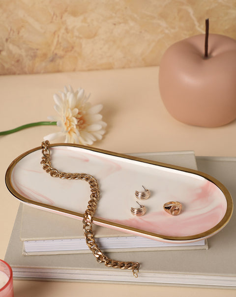 White And Pink Marble Oval Shaped Ceramic Tray