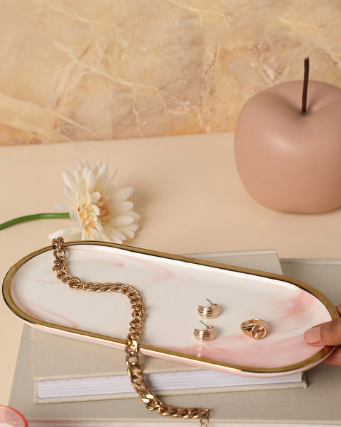 White And Pink Marble Oval Shaped Ceramic Tray