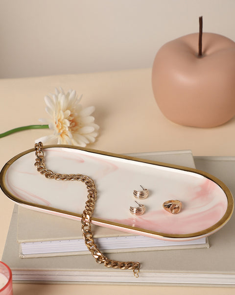 White And Pink Marble Oval Shaped Ceramic Tray