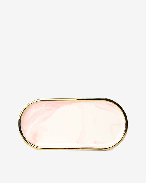 White And Pink Marble Oval Shaped Ceramic Tray