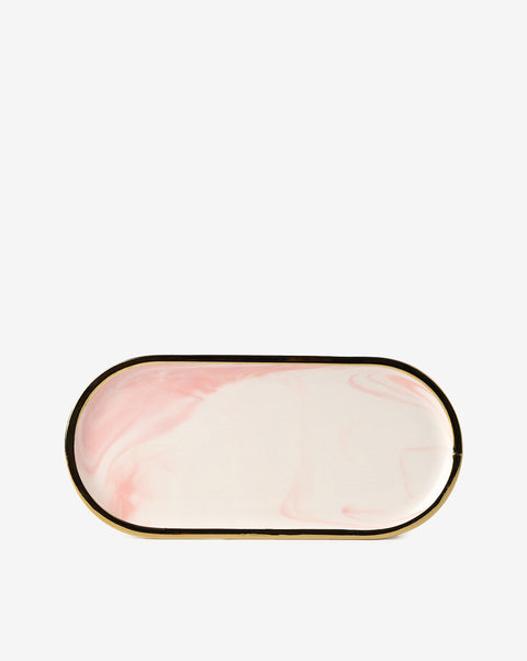 White And Pink Marble Oval Shaped Ceramic Tray