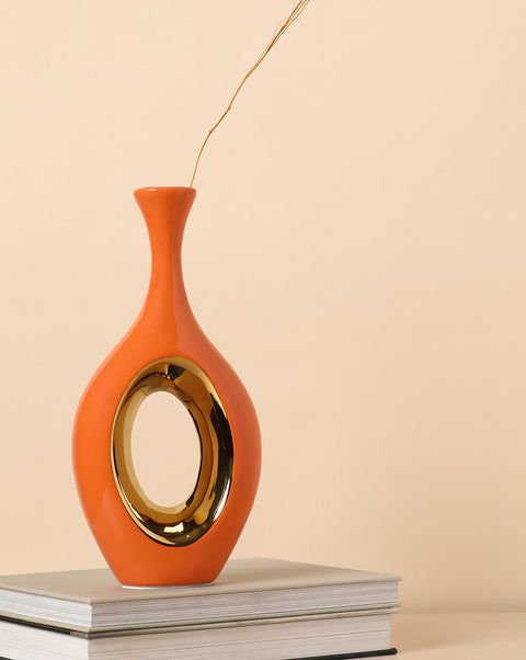 Orange And Gold Abstract Shaped Ceramic Vase