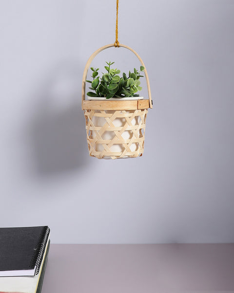 Beige Rattan Textured Wood Hanging Planter | Pack Of 1