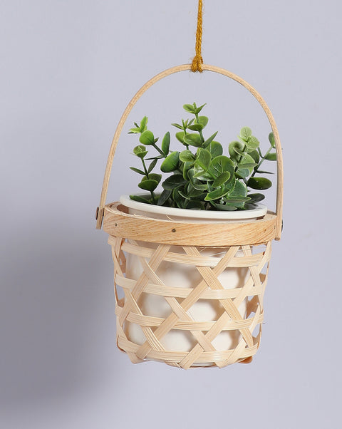 Beige Rattan Textured Wood Hanging Planter | Pack Of 1