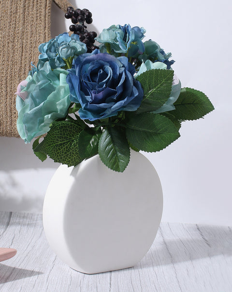 Blue & Aqua Rose Faux Decorative Flower Bouquet | PACK OF 6