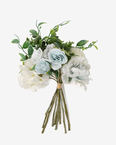 Blue & White Rose Faux Decorative Flower Bouquet | PACK OF 10