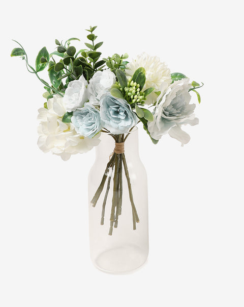 Blue & White Rose Faux Decorative Flower Bouquet | PACK OF 10