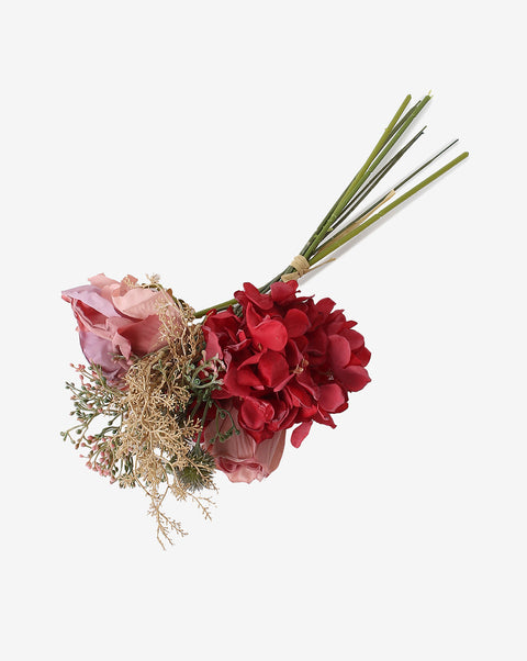 Red & Pink Rose & Hydrangea Faux Decorative Flower Bouquet | PACK OF 7