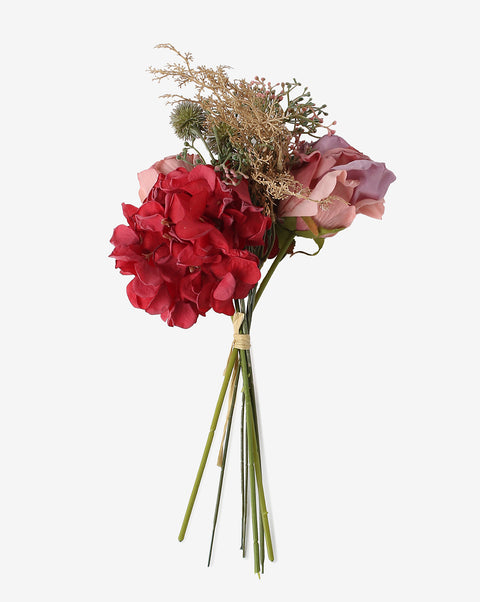 Red & Pink Rose & Hydrangea Faux Decorative Flower Bouquet | PACK OF 7