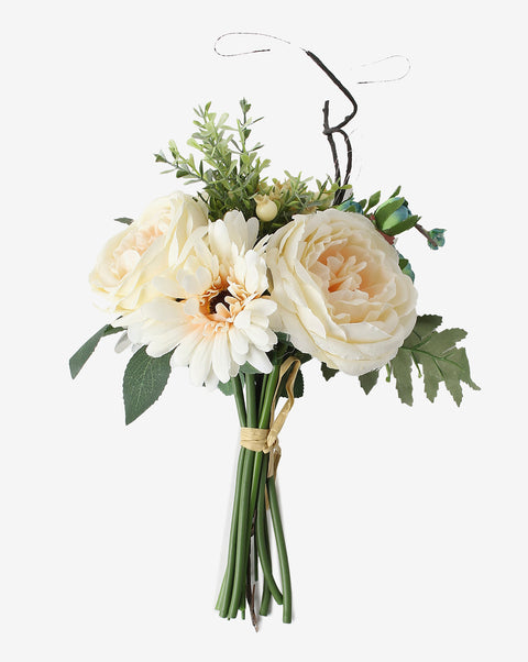 White & Peach Rose & Daisy Faux Decorative Flower Bouquet | PACK OF 9