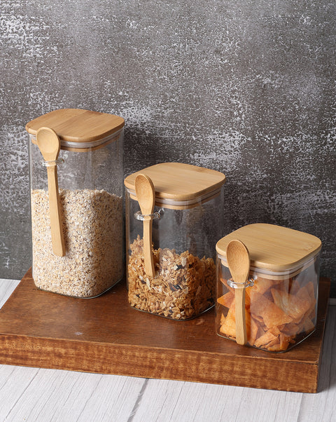 Solid Glass Storage Jar With Wooden Lid Set | Pack Of 3
