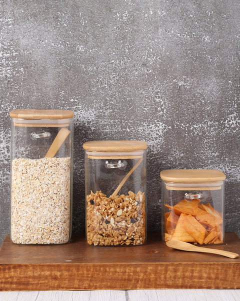 Solid Glass Storage Jar With Wooden Lid Set | Pack Of 3