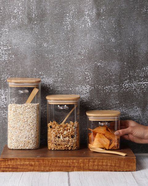 Solid Glass Storage Jar With Wooden Lid Set | Pack Of 3