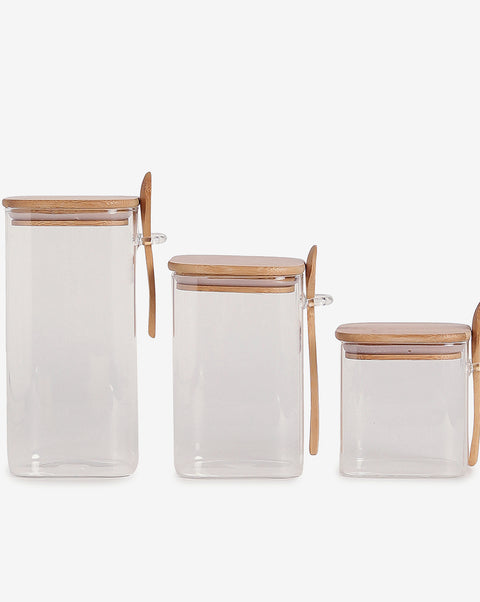 Solid Glass Storage Jar With Wooden Lid Set | Pack Of 3