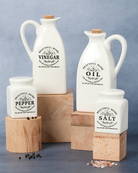 White Solid Printed Ceramic Salt & Pepper Vinegar Oil Storage Accessories | Pack Of 4