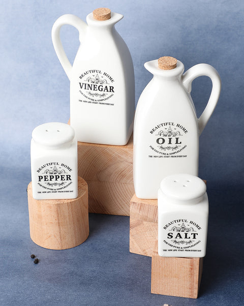 White Solid Printed Ceramic Salt & Pepper Vinegar Oil Storage Accessories | Pack Of 4