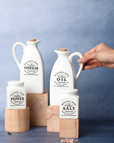 White Solid Printed Ceramic Salt & Pepper Vinegar Oil Storage Accessories | Pack Of 4