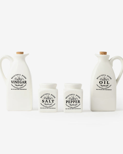 White Solid Printed Ceramic Salt & Pepper Vinegar Oil Storage Accessories | Pack Of 4