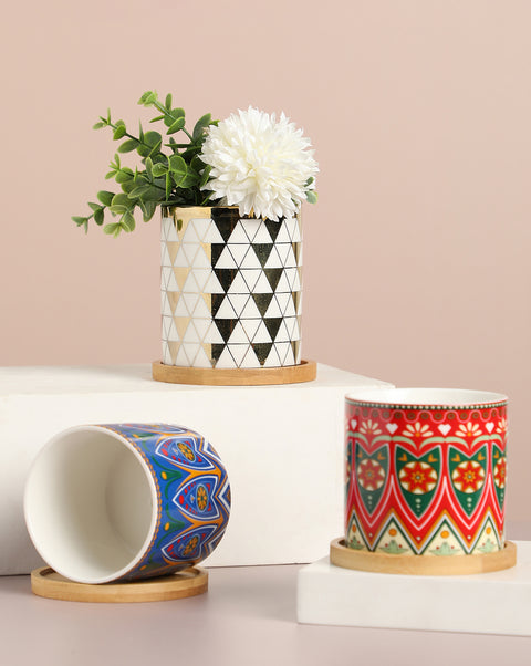 Multi-Colour Abstarct Printed Ceramic Planter | Pack Of 3