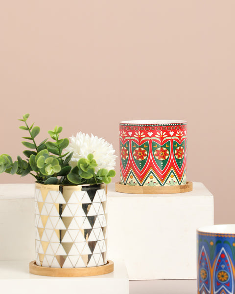 Multi-Colour Abstarct Printed Ceramic Planter | Pack Of 3