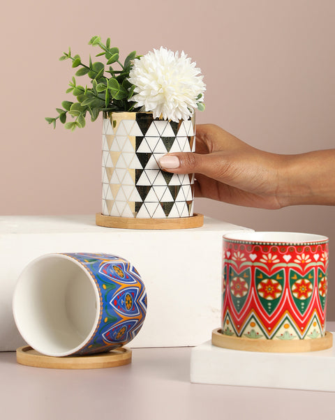 Multi-Colour Abstarct Printed Ceramic Planter | Pack Of 3