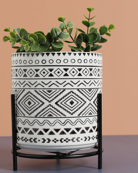 Black & White Aztec Printed Ceramic Planter With Black Metal Stand | Pack Of 1