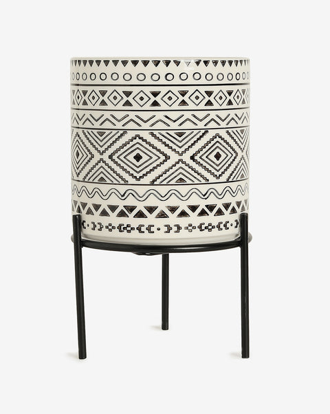 Black & White Aztec Printed Ceramic Planter With Black Metal Stand | Pack Of 1