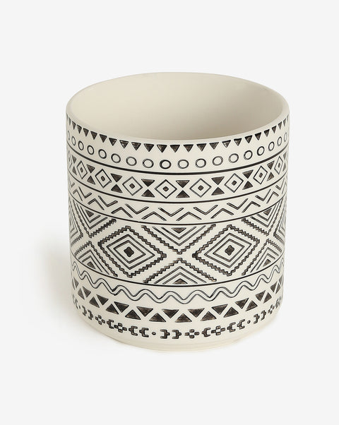 Black & White Aztec Printed Ceramic Planter With Black Metal Stand | Pack Of 1