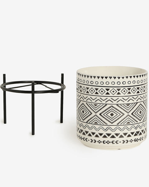 Black & White Aztec Printed Ceramic Planter With Black Metal Stand | Pack Of 1